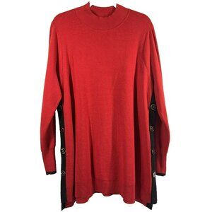 Chicos Sweater Tunic XL Red Black Side Stripe Cashmere Blend Mock Neck Pullover‎